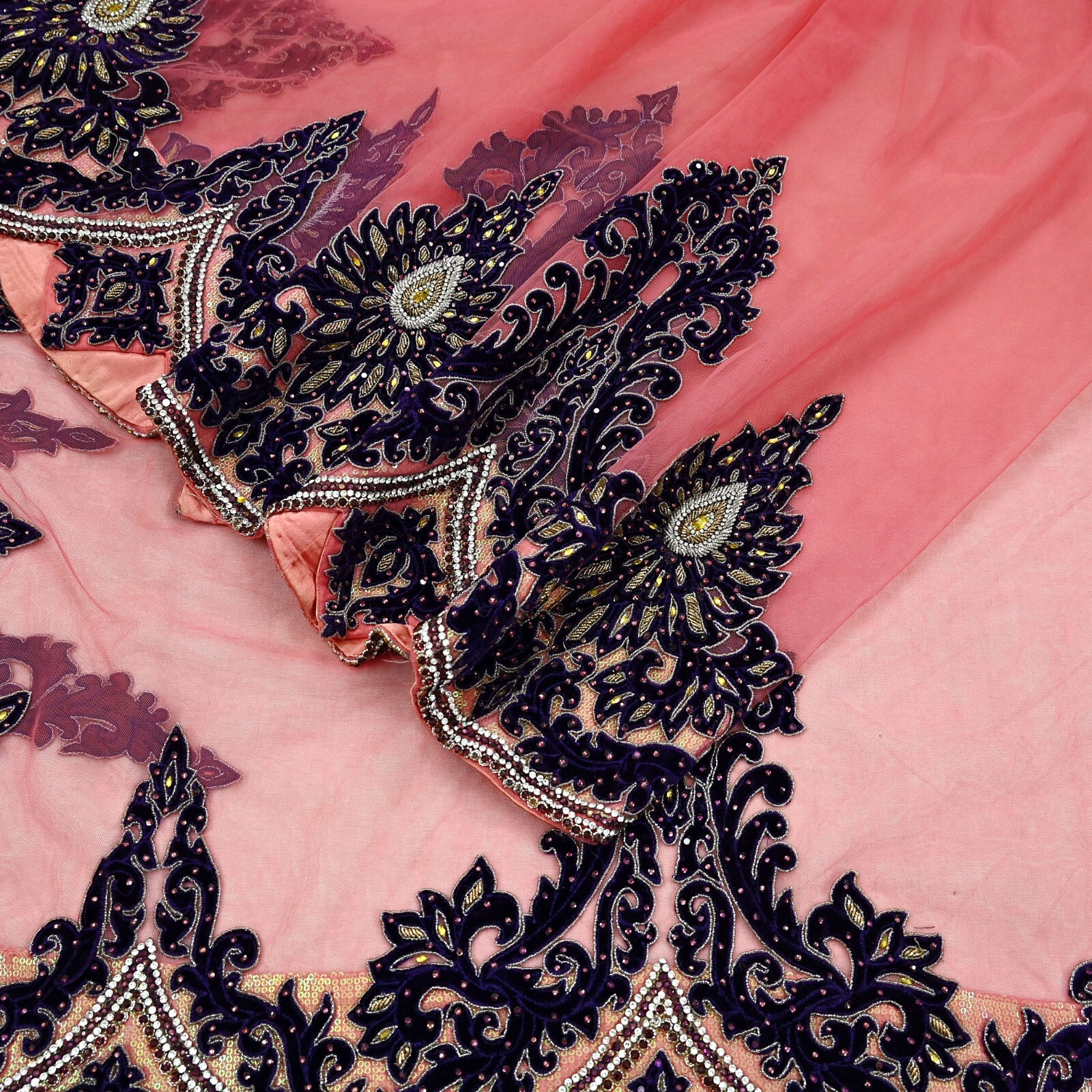 Vintage Heavy Sari Peach Net/Mesh Hand Embroidered Sarees Craft Fabric 5Yd