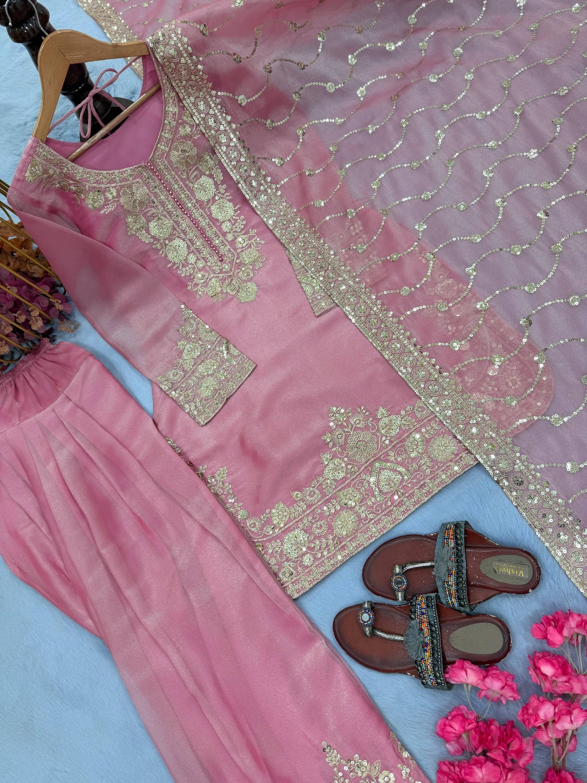 Latest Pure Nc Moss Silk Pink Top Palazzo With Dupatta For Indian Party Wear