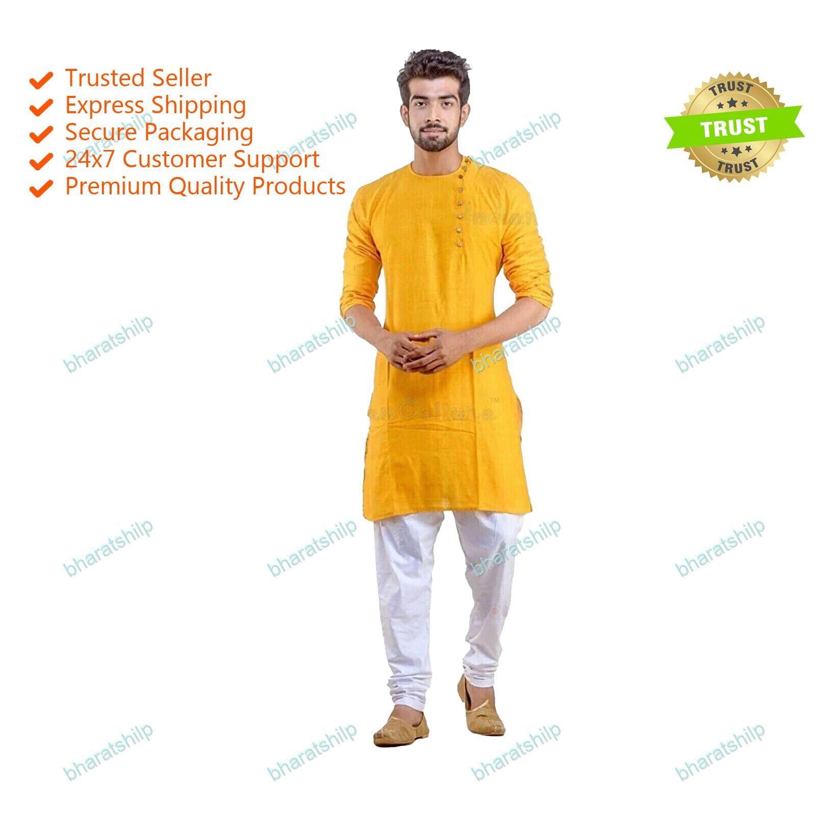 Indian Handmade Traditional Fashion Mens Kurta Cotton Clothing Color Yellow