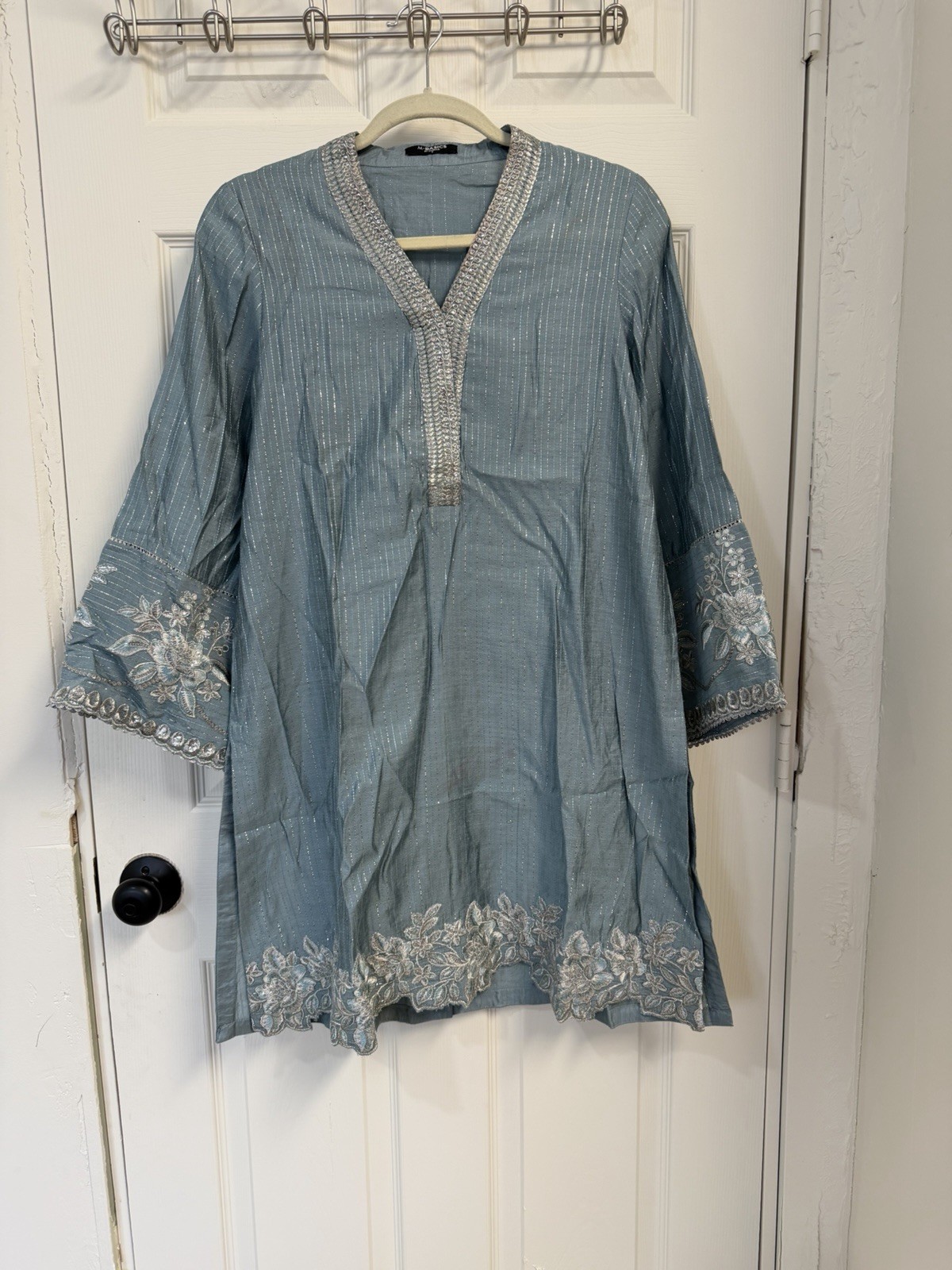 Maria B Size Medium Light Blue and Silver Embroidered 3 Piece Kameez Shalwar
