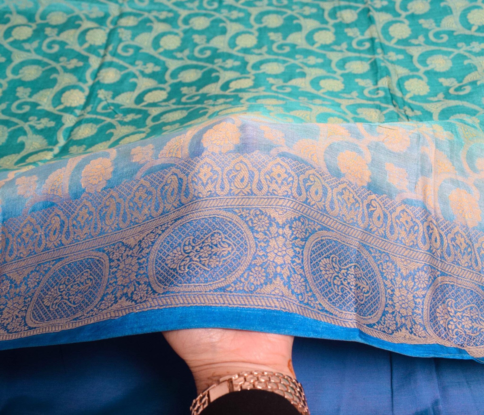 Sushila Vintage Teal Blue Saree All Over Woven Pure Tussar Silk Used Sari Fabric