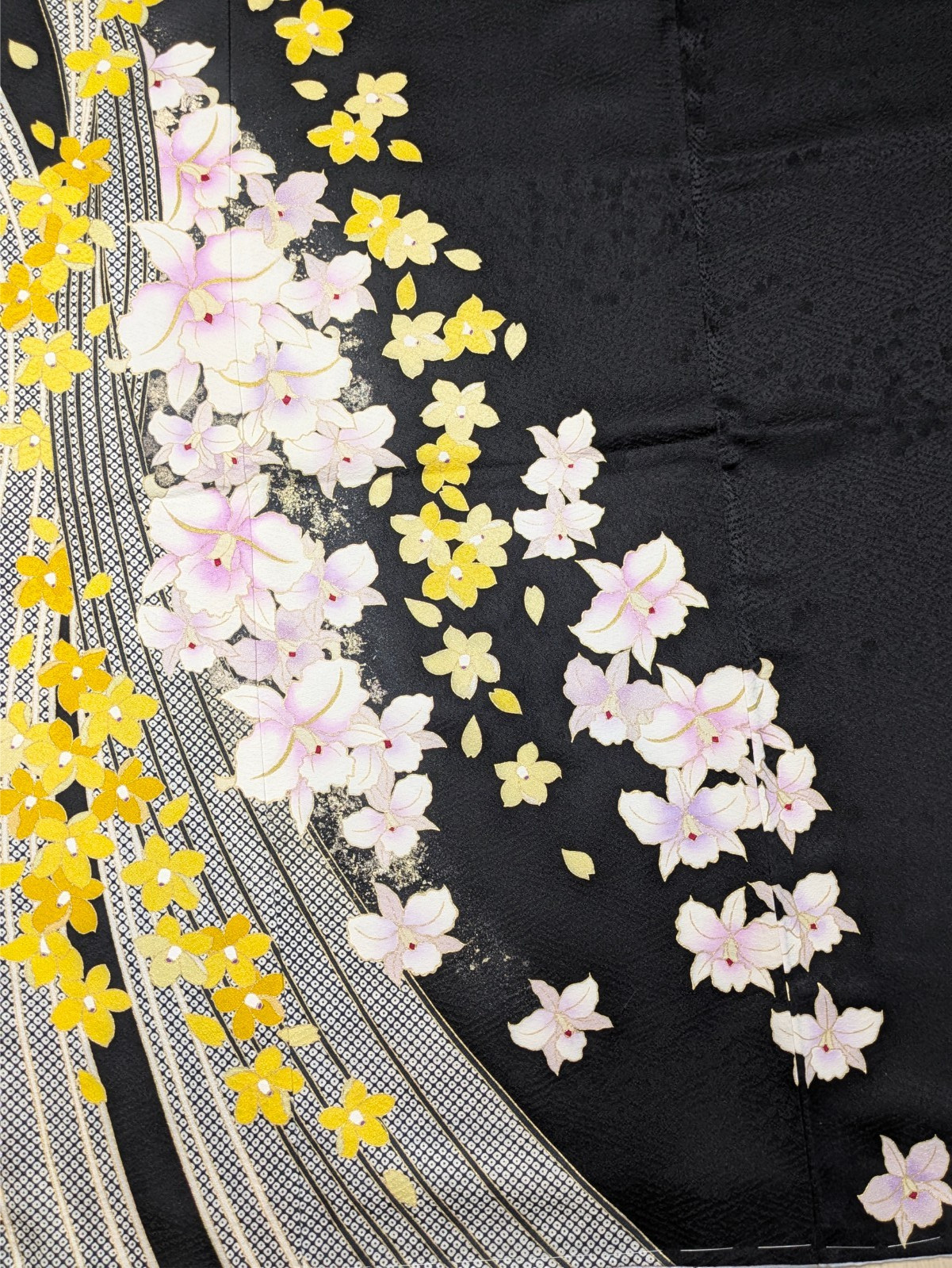 Japanese Kimono Silk Furisode Black Yellow & Purple Flowers Vertical Waves Art