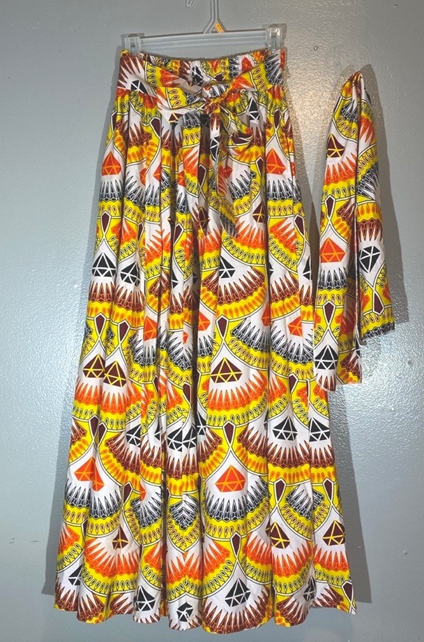 Maxi Circle Skirt African Ankara Print Diamonds Maroon Orange Yellow W/Hair Wrap
