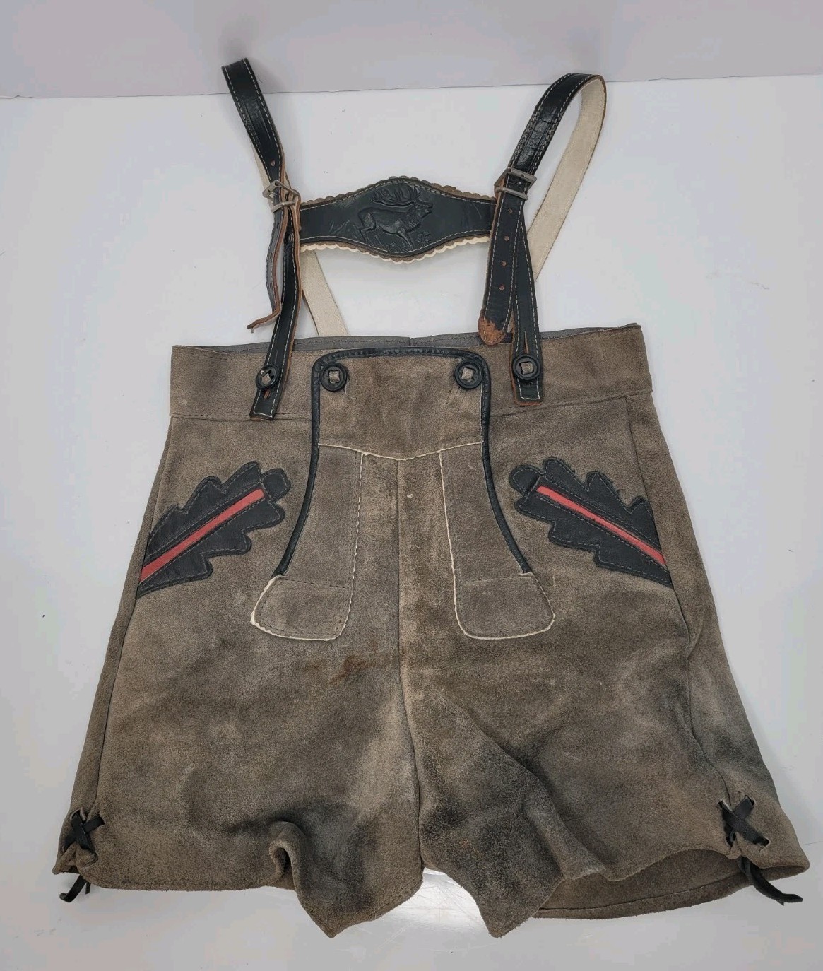 Vintage Youth Boys Lederhosen Short Suspenders Grey Red & Brown Leather Trim