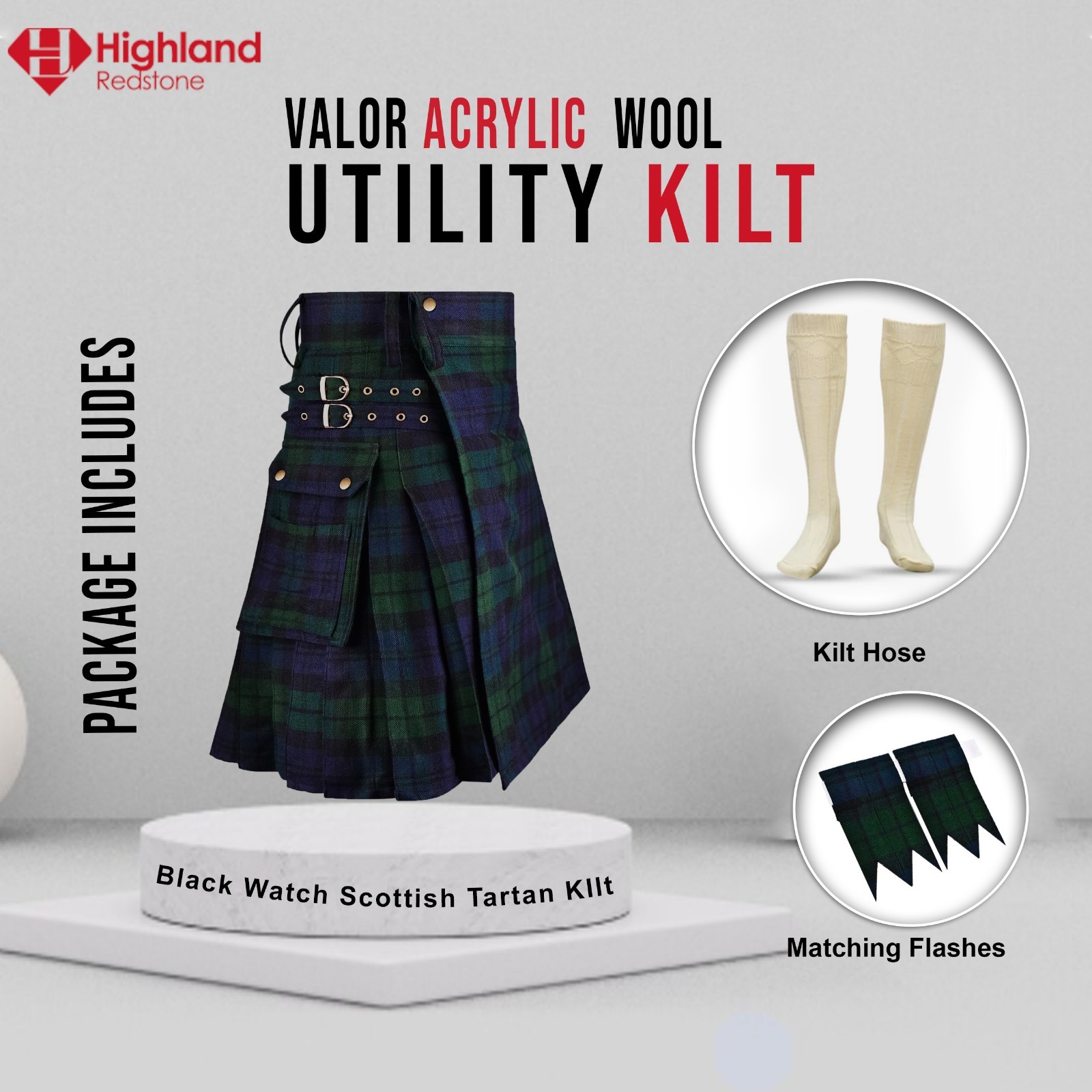 Black Watch Tartan Utility Kilt Package – Acrylic Wool Kilt, Hose, Flashes