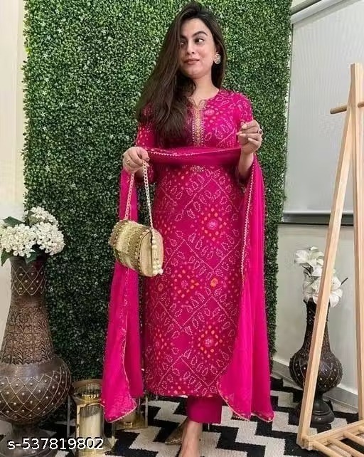 3 PCS Pink Bandhej Printed Rayon Kurta Pant With Dupatta Set For Women Pure Gift