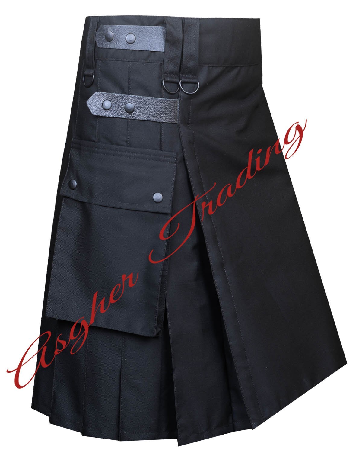 Scottish Handmade Black Utility Kilt Real Leather Straps Men’s Custom Size Kilts
