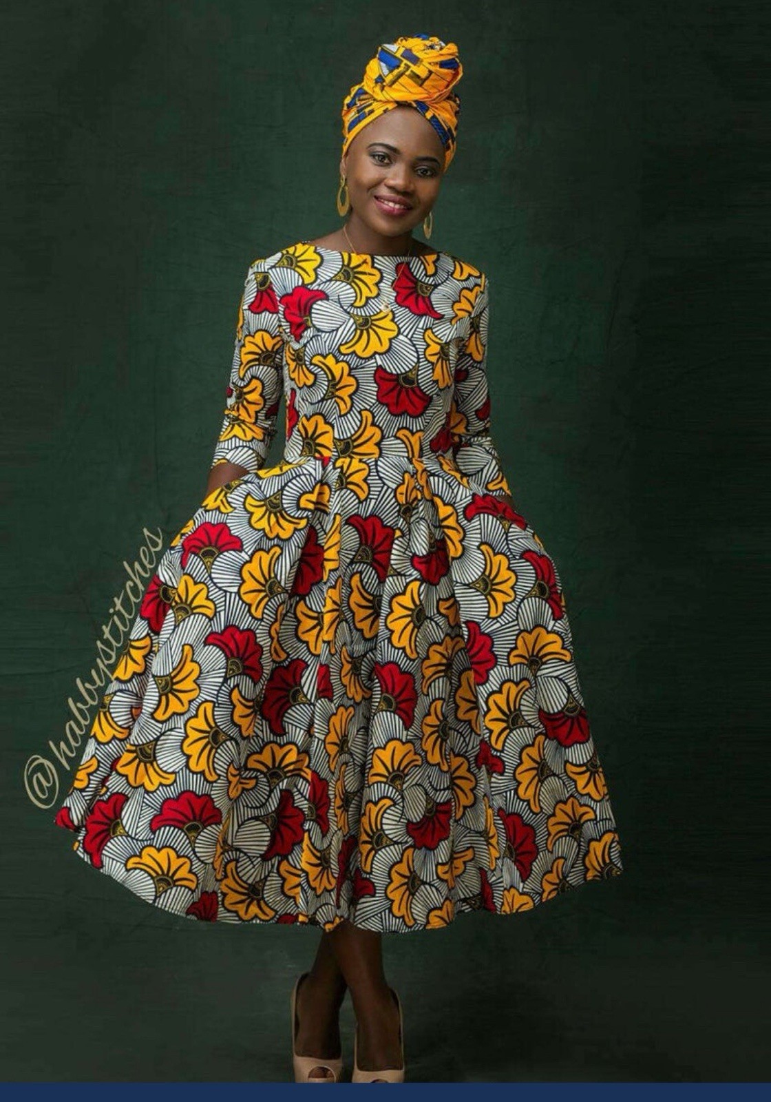 African Print Kitenge Ankara Dress Yellow and Red Floral Print Pleated Full