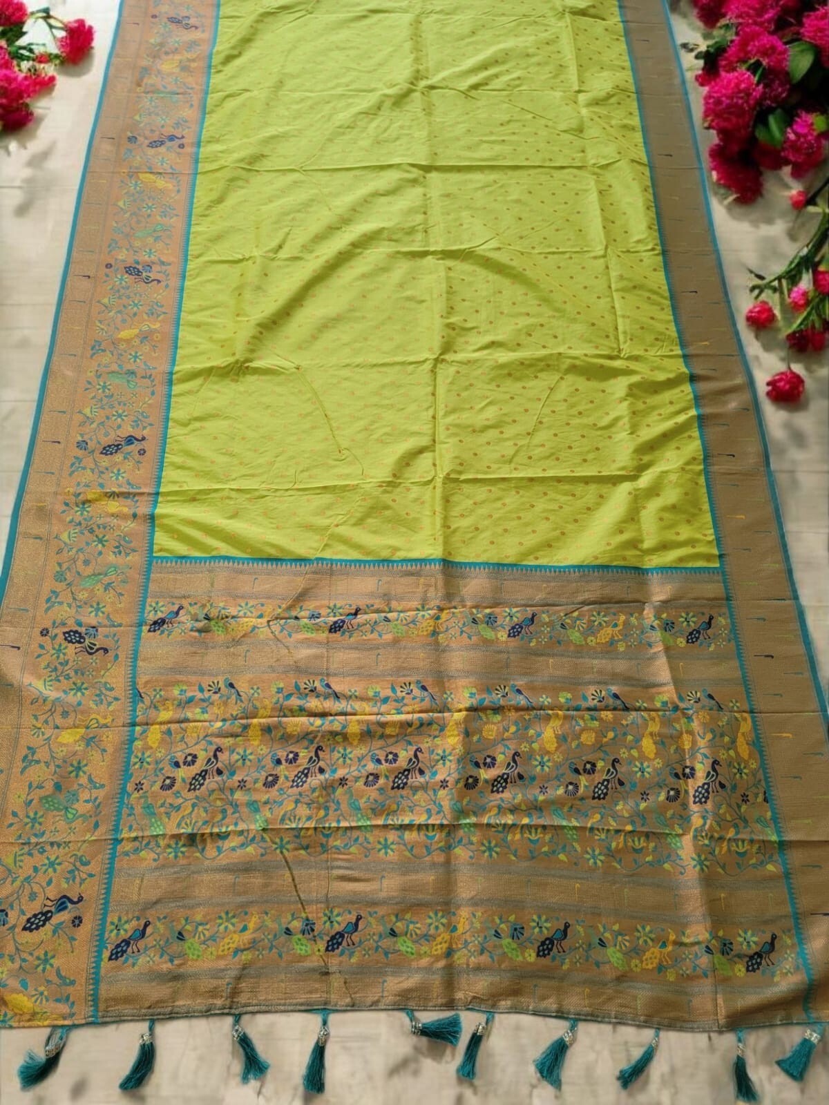 Soft Paithani Silk Saree,Copper Zari & Meenakari Pallu Saree,India Wedding Saree