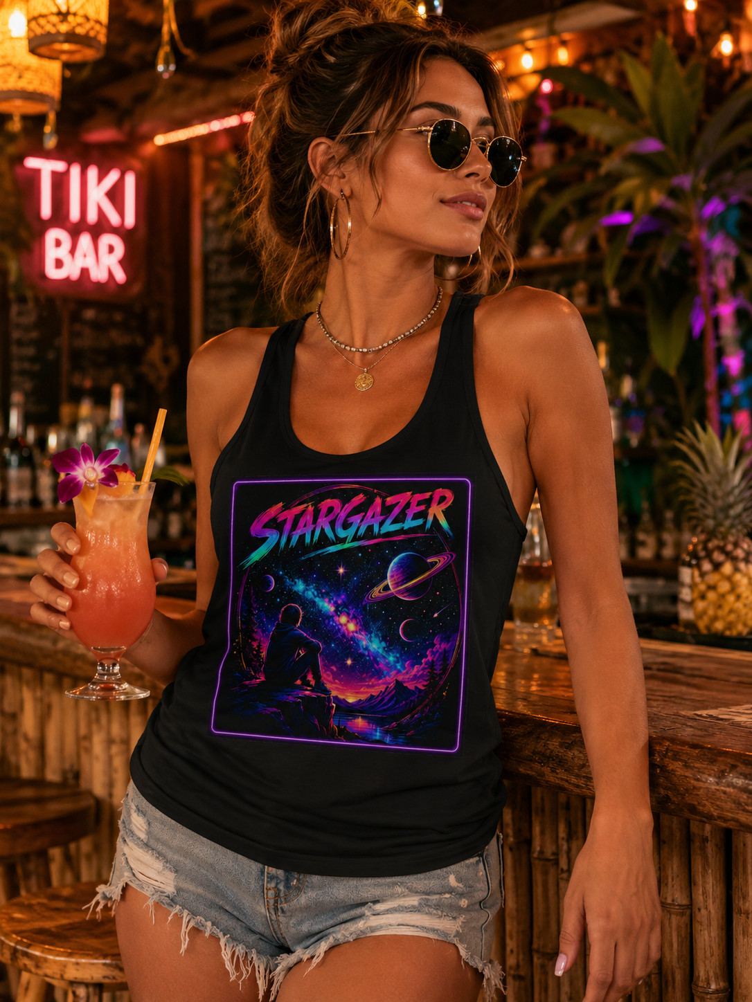 Stargazer Racerback Tank Top Women’s Cosmic Galaxy Space Graphic Sleeveless Tee