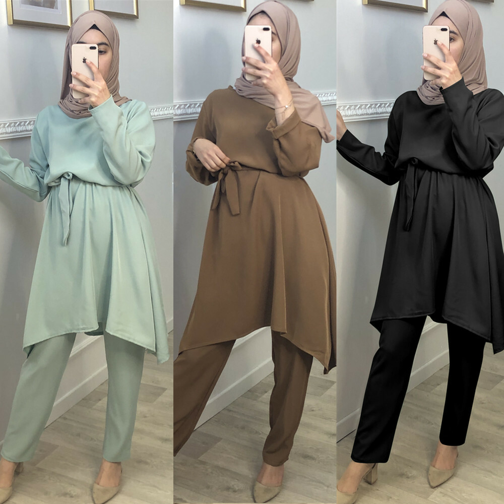 Dubai Muslim Women Long Sleeve Blouse Pants Outfits Two Piece Set Abaya Kaftan