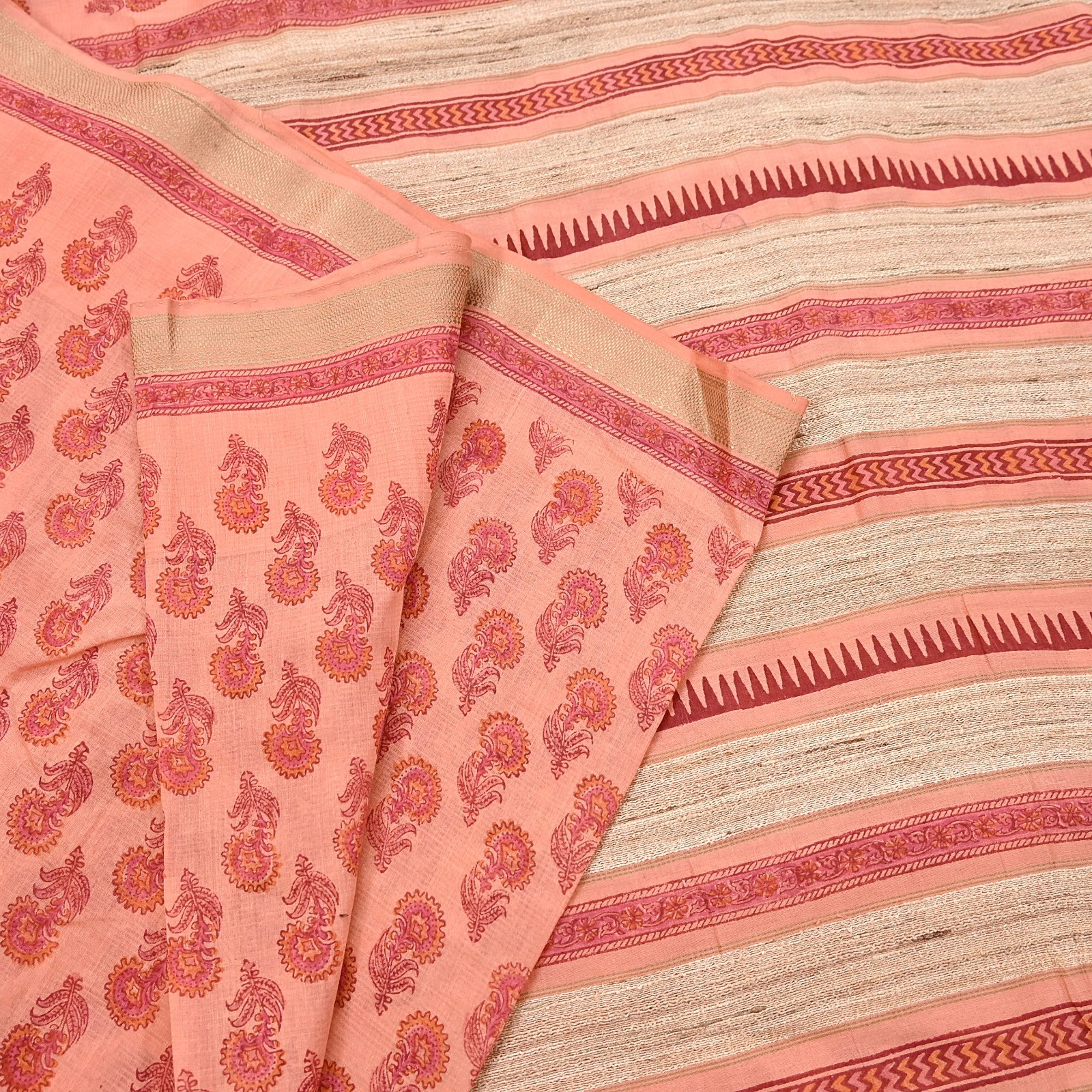 Indian Vintage Peach Block Printed Pure Chanderi Silk Saree Floral woven Border