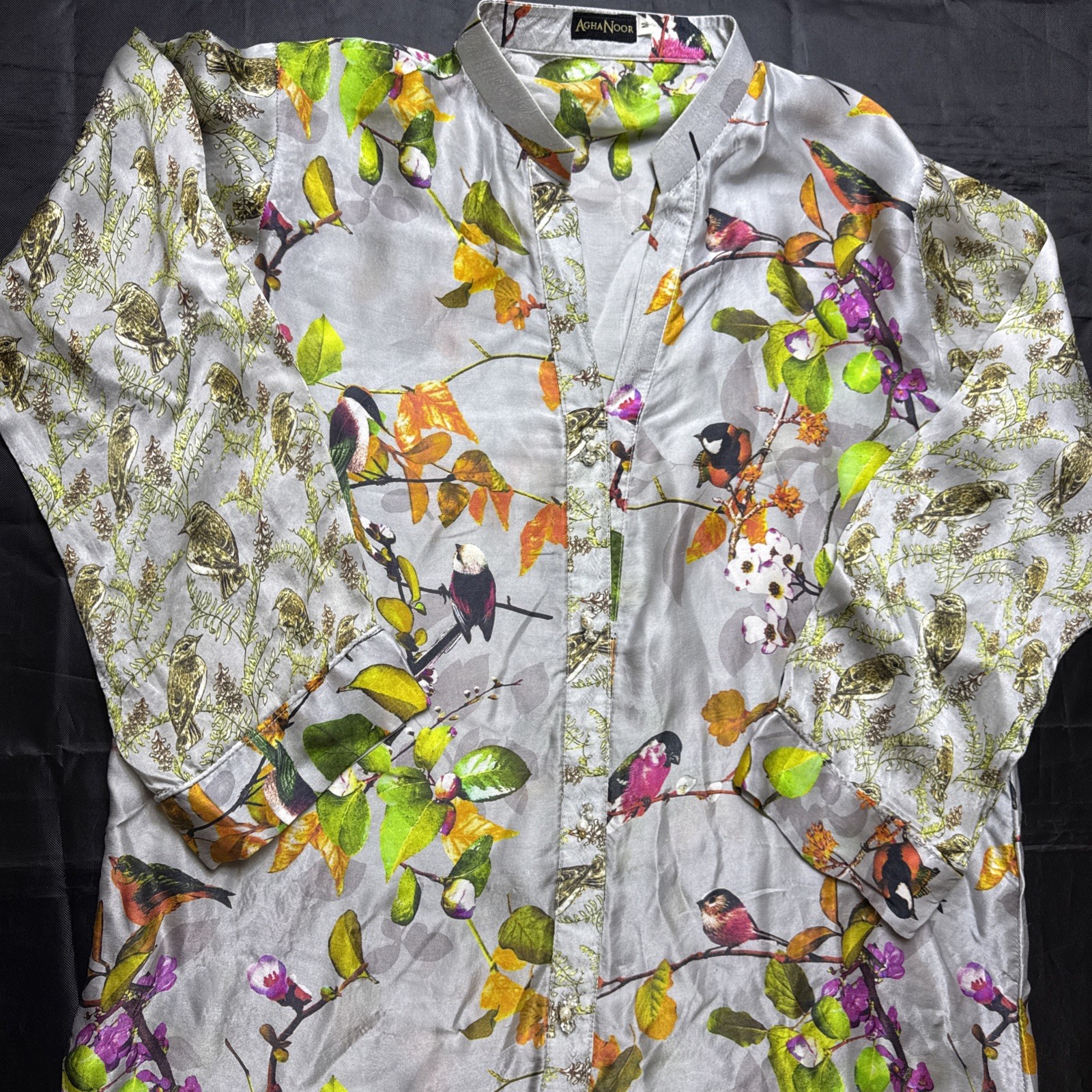 Agha Noor Pakistani Medium Kurta Top Sage Multicolor Birds/ Trees Single Piece