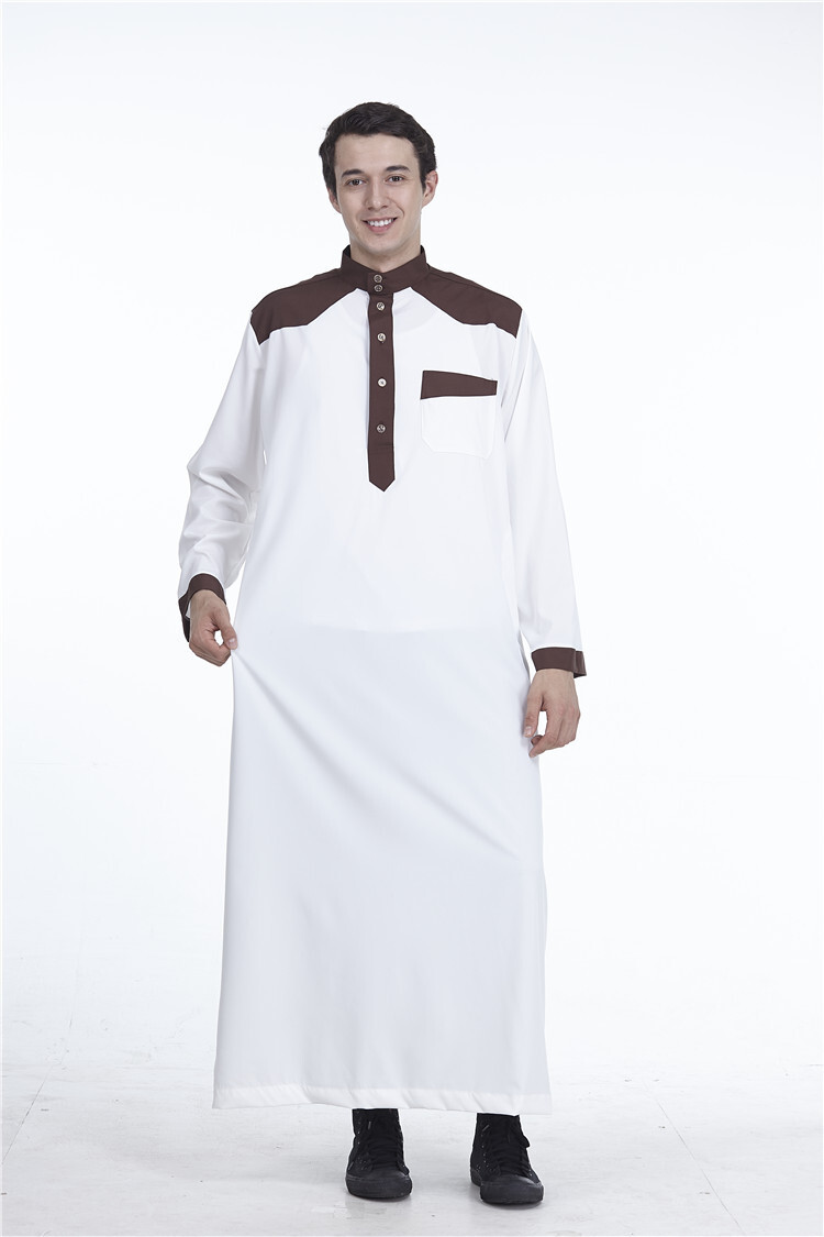 Ramadan Muslim Mens Patchwork Button Kaftan Prayer Clothes Loose Robe Djellaba