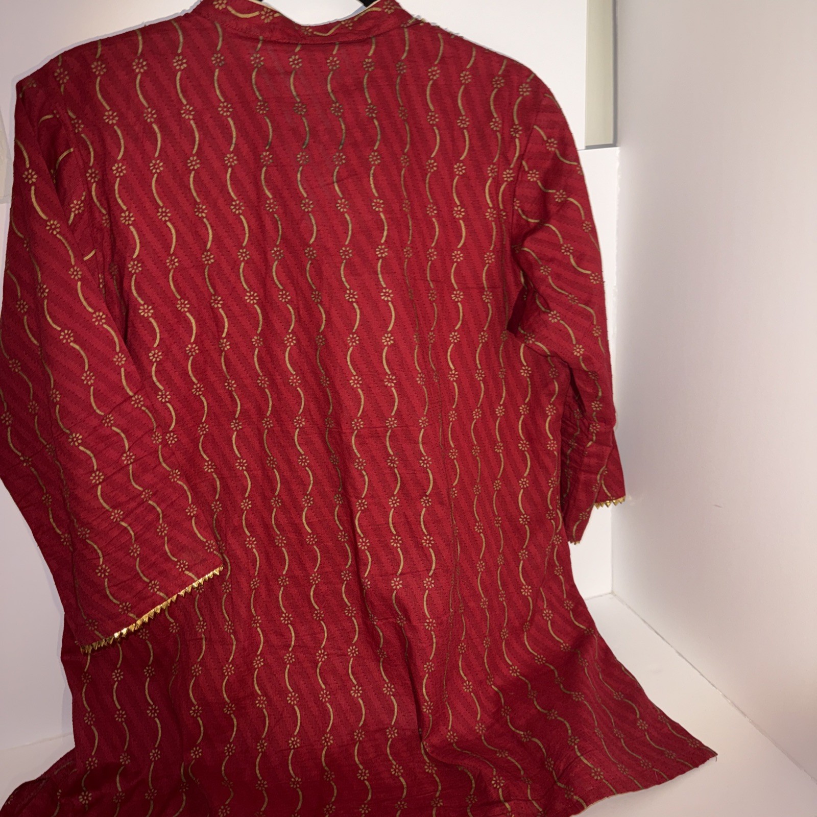 Dark Red Velvet 3/4 Sleeve Tunic Gold Metallic Thread Embroidery Boho Top Size 2