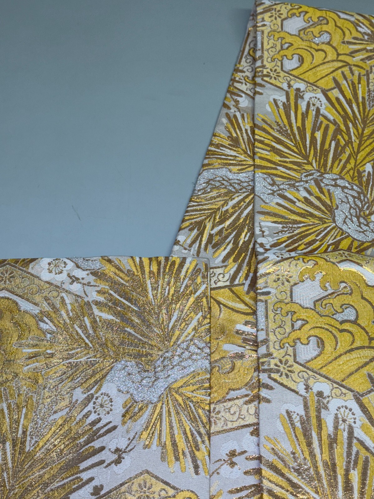 Japanese Vintage Kimono Maru Obi silk Gold Embroidery Reversible 153.5×11.8in