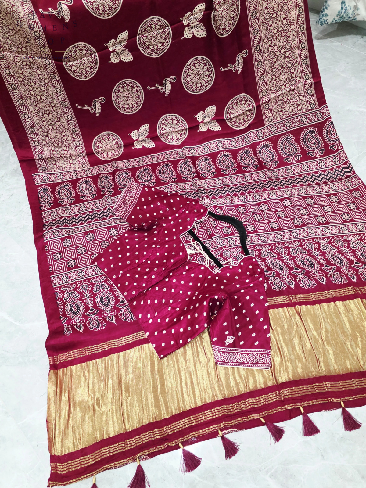 Ajrakh Semi Modal Silk Saree Wine Berry Artisan Print Blouse 36-42 Ready Ship