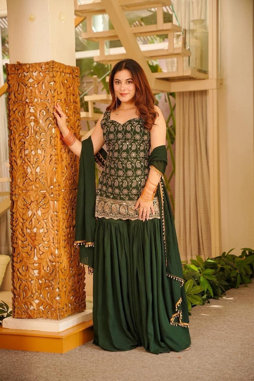 Latest New Green Faux Georgette Kurta Palazzo With Dupatta For Festival Wear