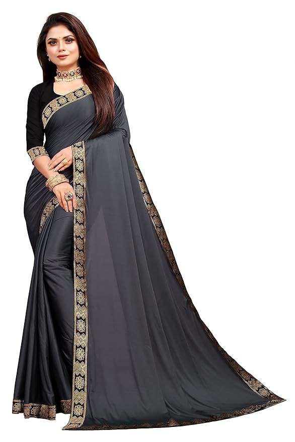 Women’s Lycra Plain Jacquard Lace Border Gorgeous Saree with Blouse Piece AN5