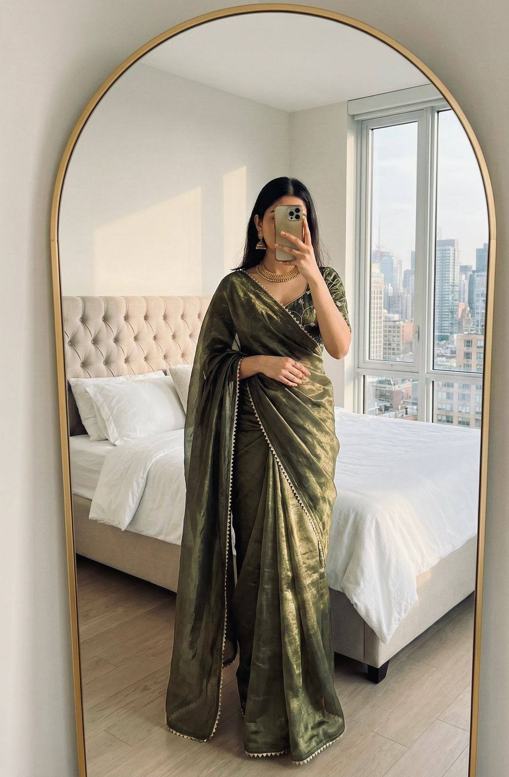 Olive Designer Exclusive Fancy Space Silk Border Work Saree Embroidered Blouse