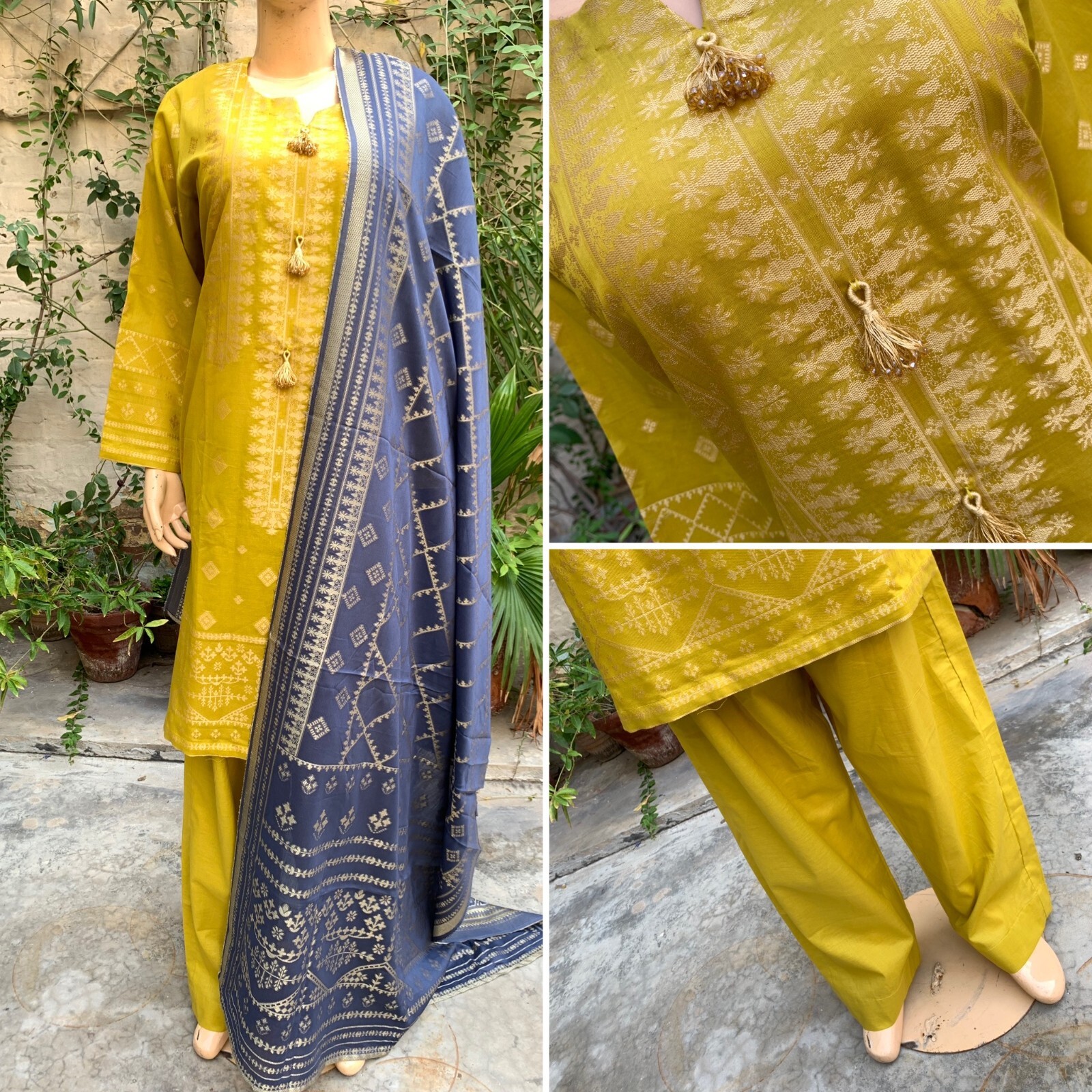 Pakistani Mustard & Blue straight style Shirt 3-PCS banarsi Lawn Dress,L