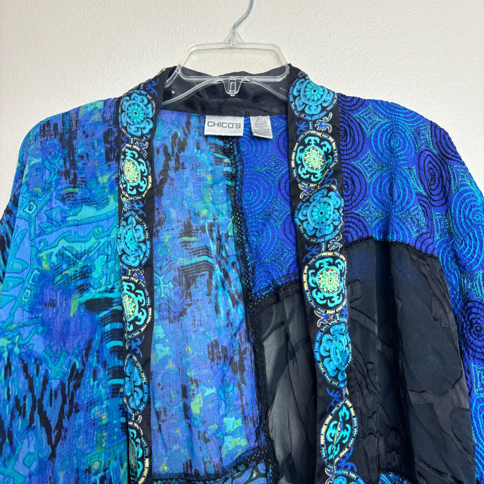 Chico’s Kimono Jacket Womens M/L Blue Patchwork Silk Blend Coastal Chic Boho Art