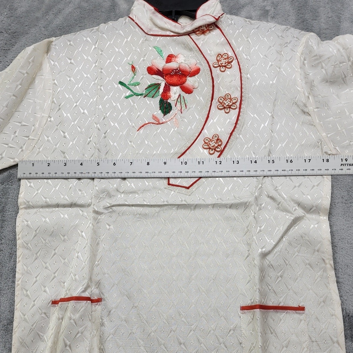 Vintage Asian Pajama Set Size M White Red Silky Satin Jacquard Embroidered Crop