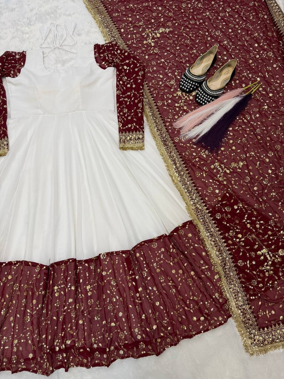 Bollywood Look Pure Faux Georgette White Gown Bottom With Dupatta For Festival