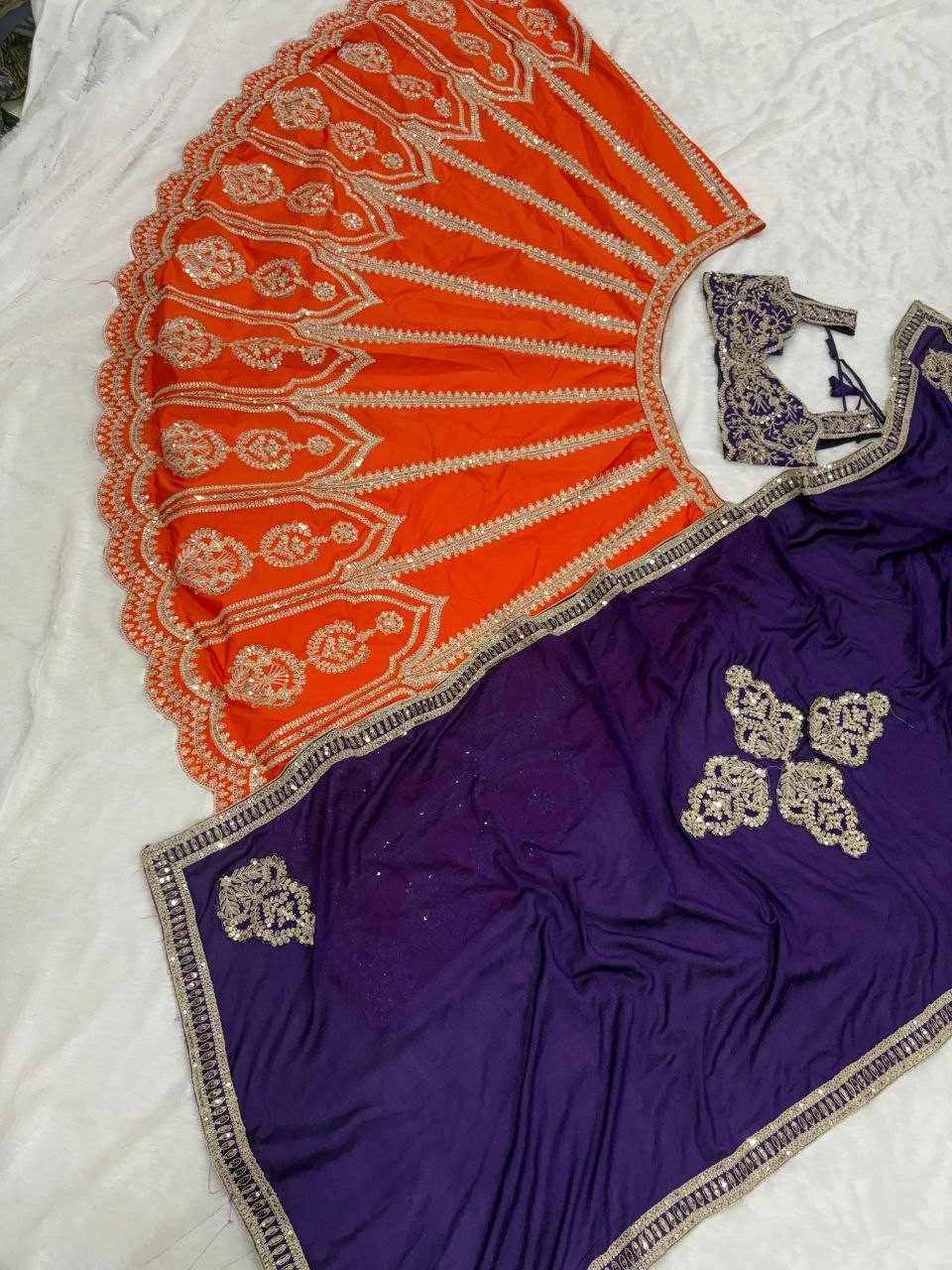 Stunning Look Silk Orange Lehenga Choli With Blue Dupatta For Reception Wear