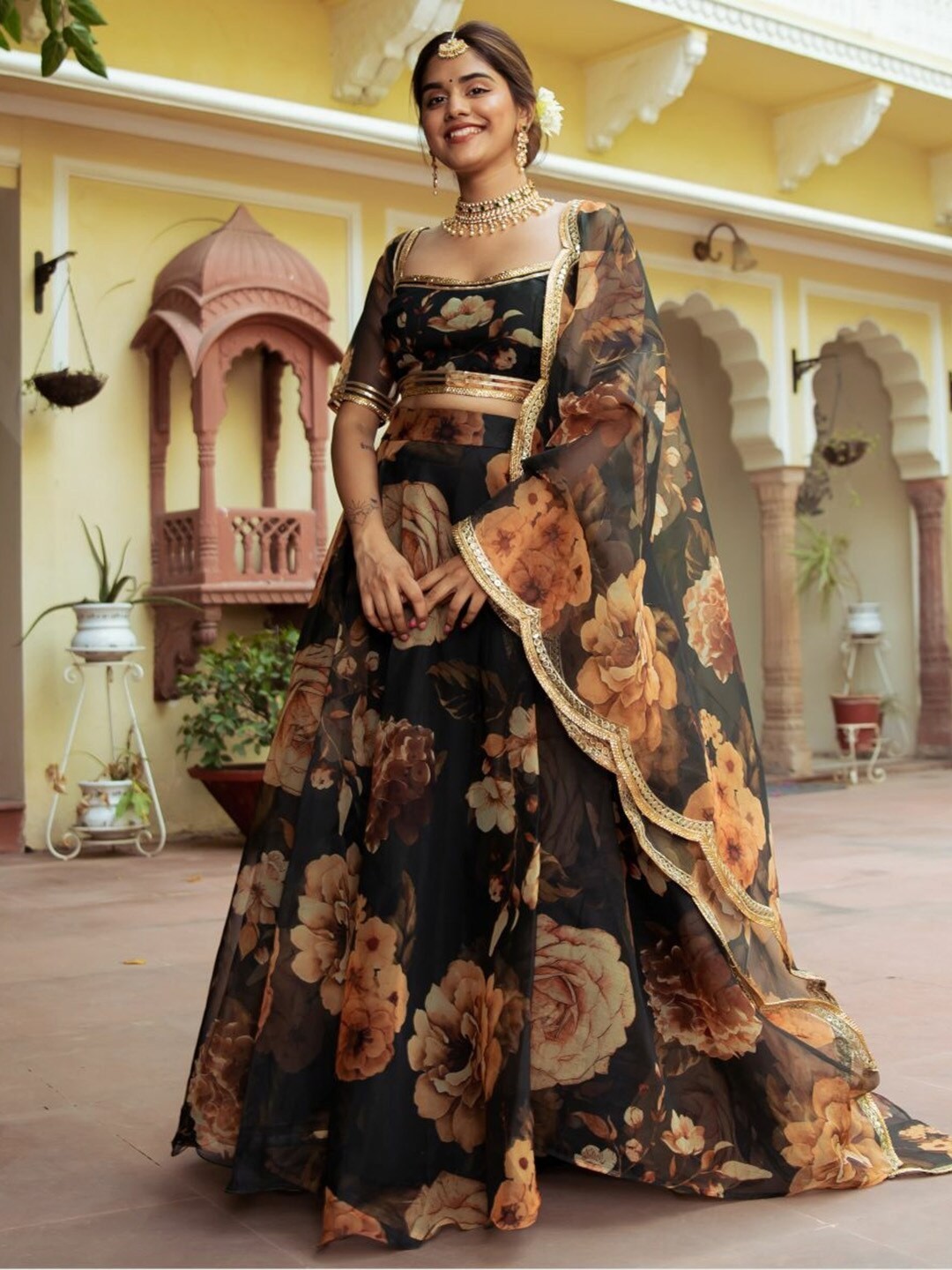 Festive Party Wear Organza Lehenga Choli With Digital Print & Mirror Work