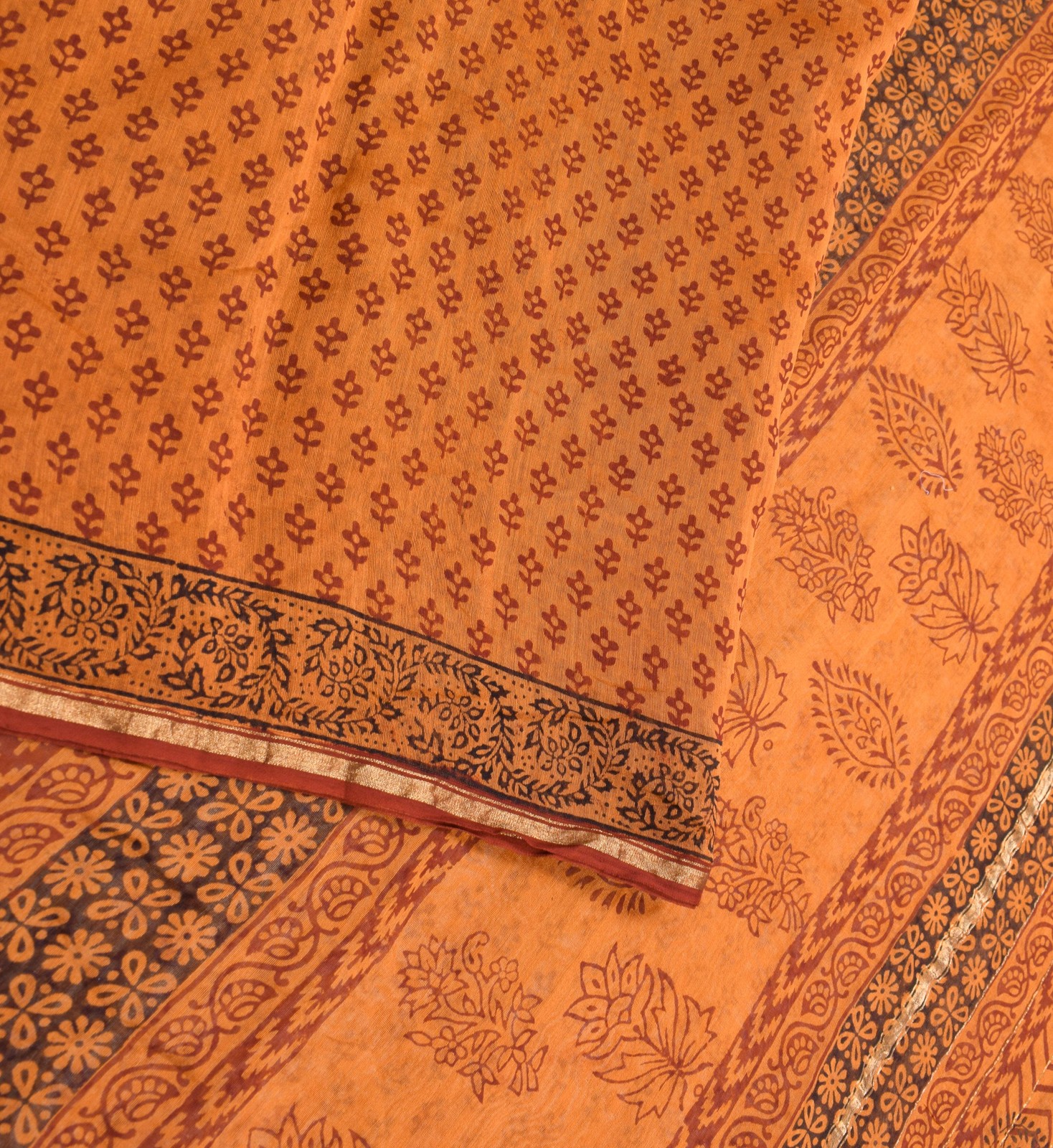 Sushila Vintage Rust Saree Pure Cotton Silk Hand Block Print & Zari Woven Soft S