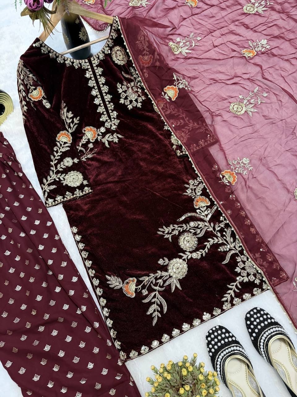 Velvet Suits Pakistani Salwar Kameez Readymade Palazzo Bollywood Wedding Party L