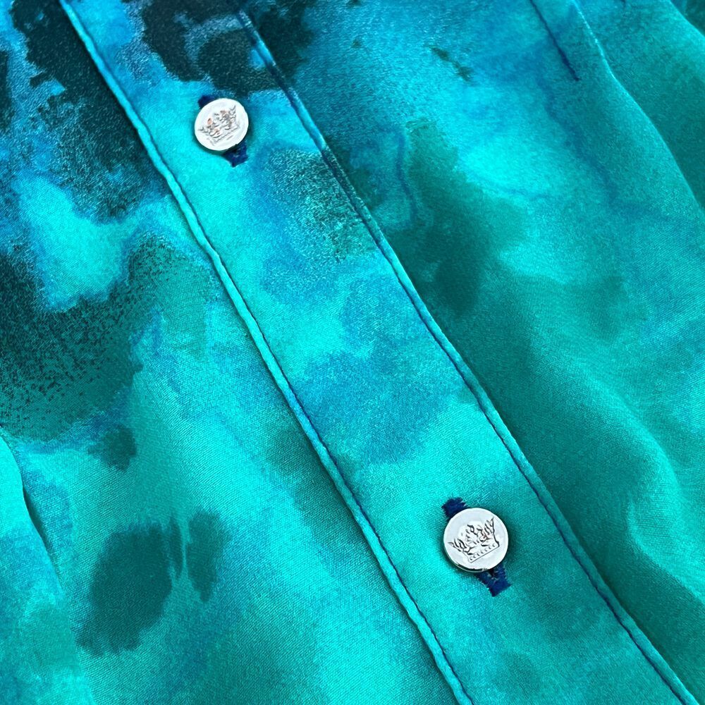 Watercolor Ombre Pattern Button Blouse Turquoise Navy Blue Beach Artsy Small Med