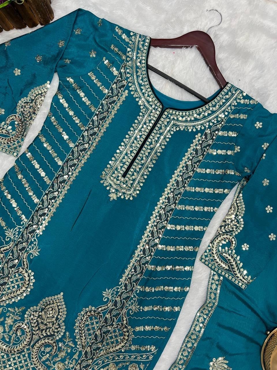 Peacock Blue Embroidered Pakistani Suit Women 3 Piece Party Wear Dress