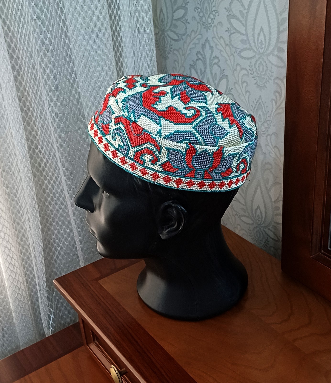 Uzbek Embroidered Skull-cap 23.2″/59cm Traditional Kufi Hat Ethnic Doppa Unisex
