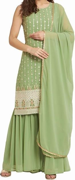 INDIAN STRAIGHT KURTA SHARARA DUPATTA SET GREEN GOLD SEQUIN GEORGETTE FABRIC 2XL