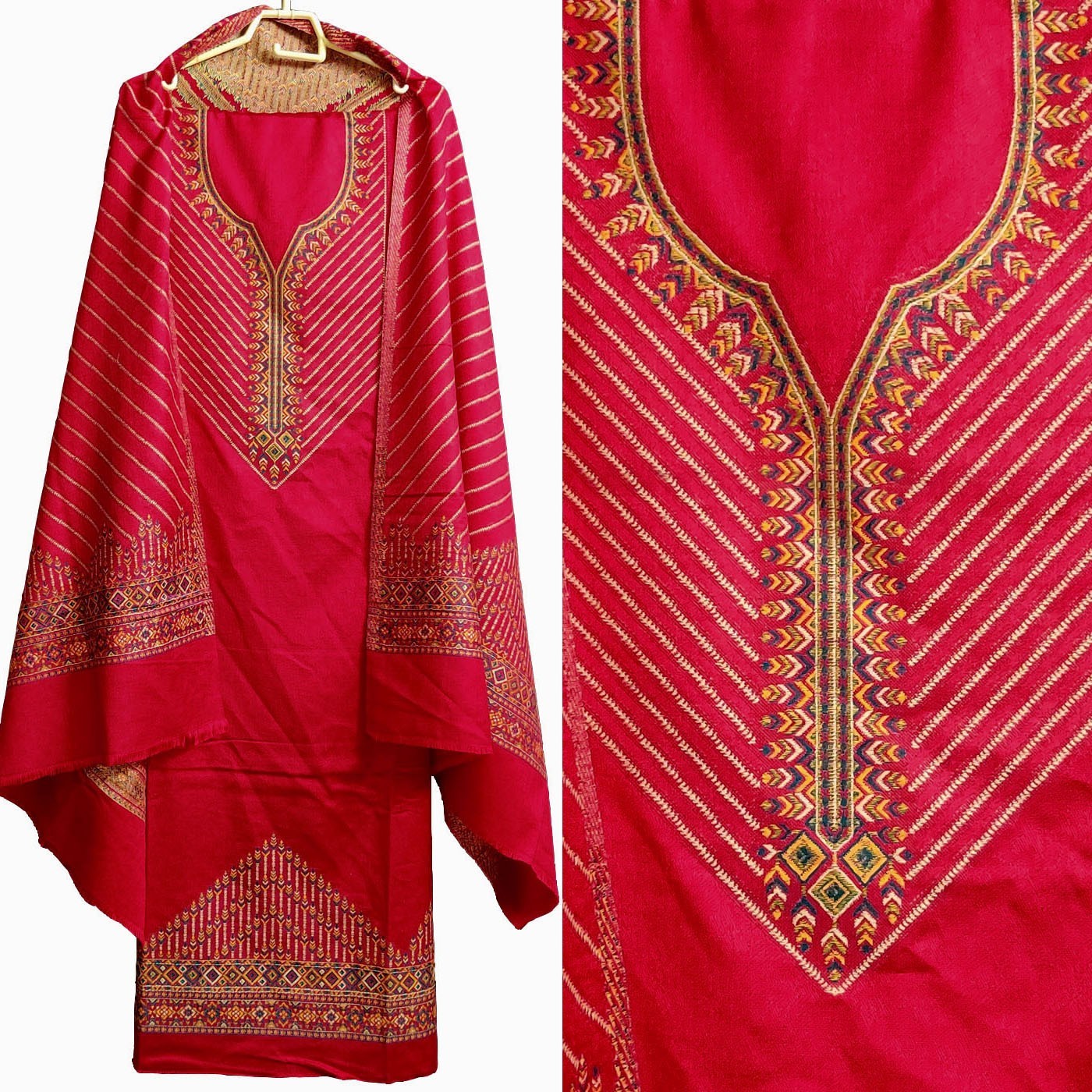 RED KASHMIRI KANI WEAVING WOOL INDIAN PAKISTANI SALWAR KAMEEZ SHAWL SUIT SNJ