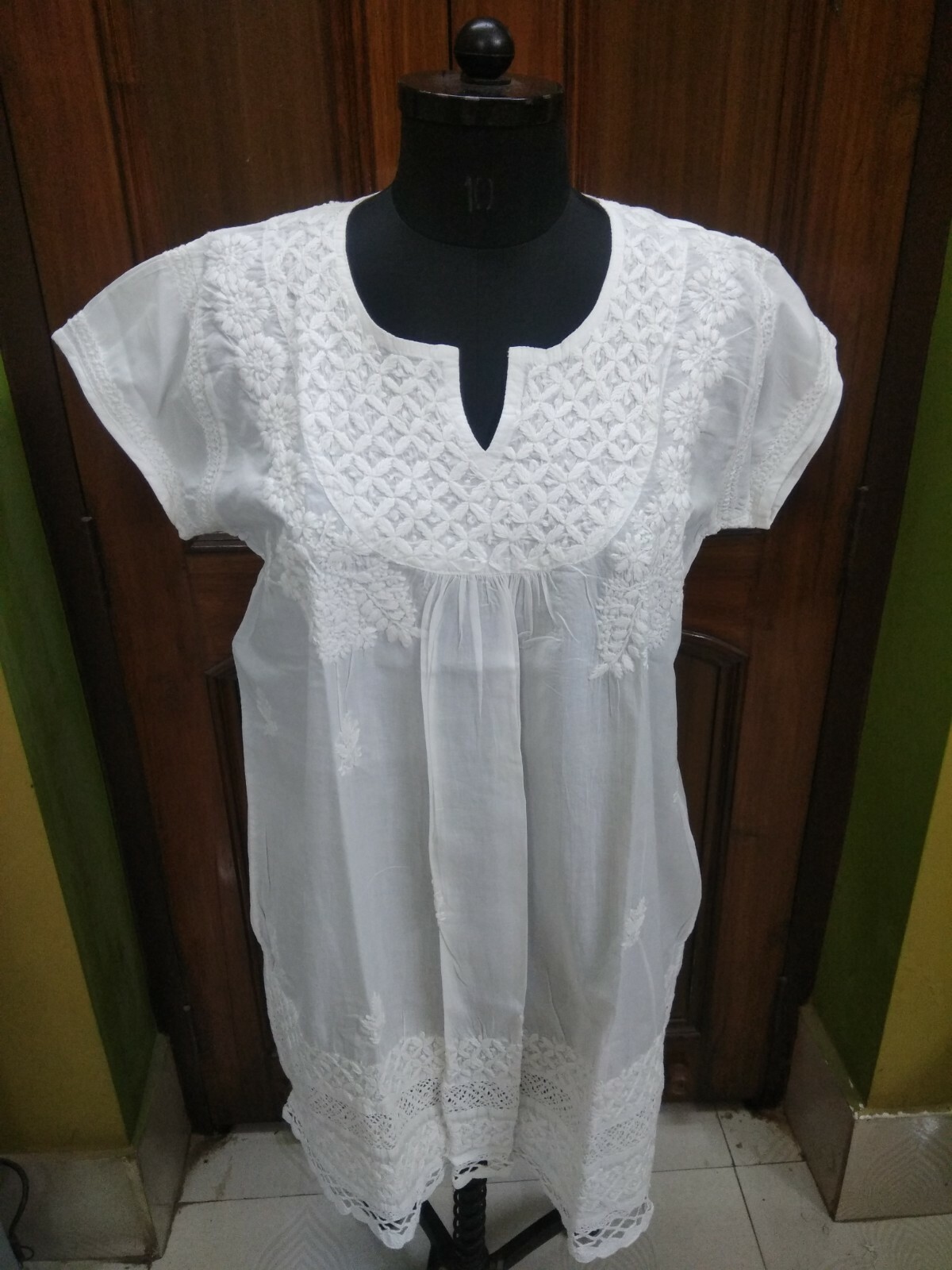 BLOUSE SHIRT L 42″ TUNIC 100% COTTON ETHNIC CHIKAN EMBROIDERY HANDMADE KURTA TOP