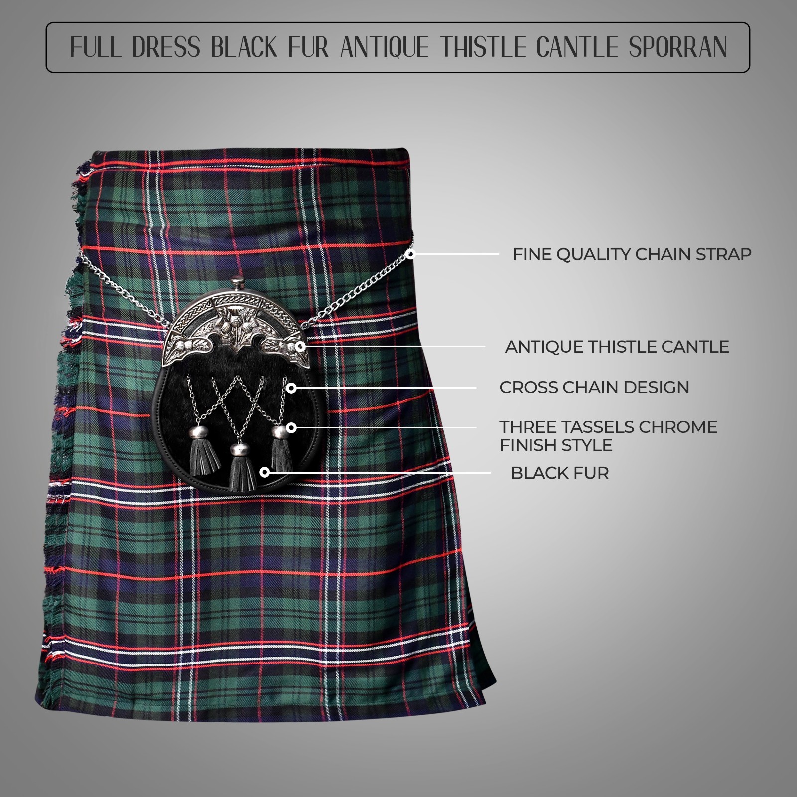 Premium Leather Quality Scottish Bovine Sporran with Chain Belt Antique Thistle