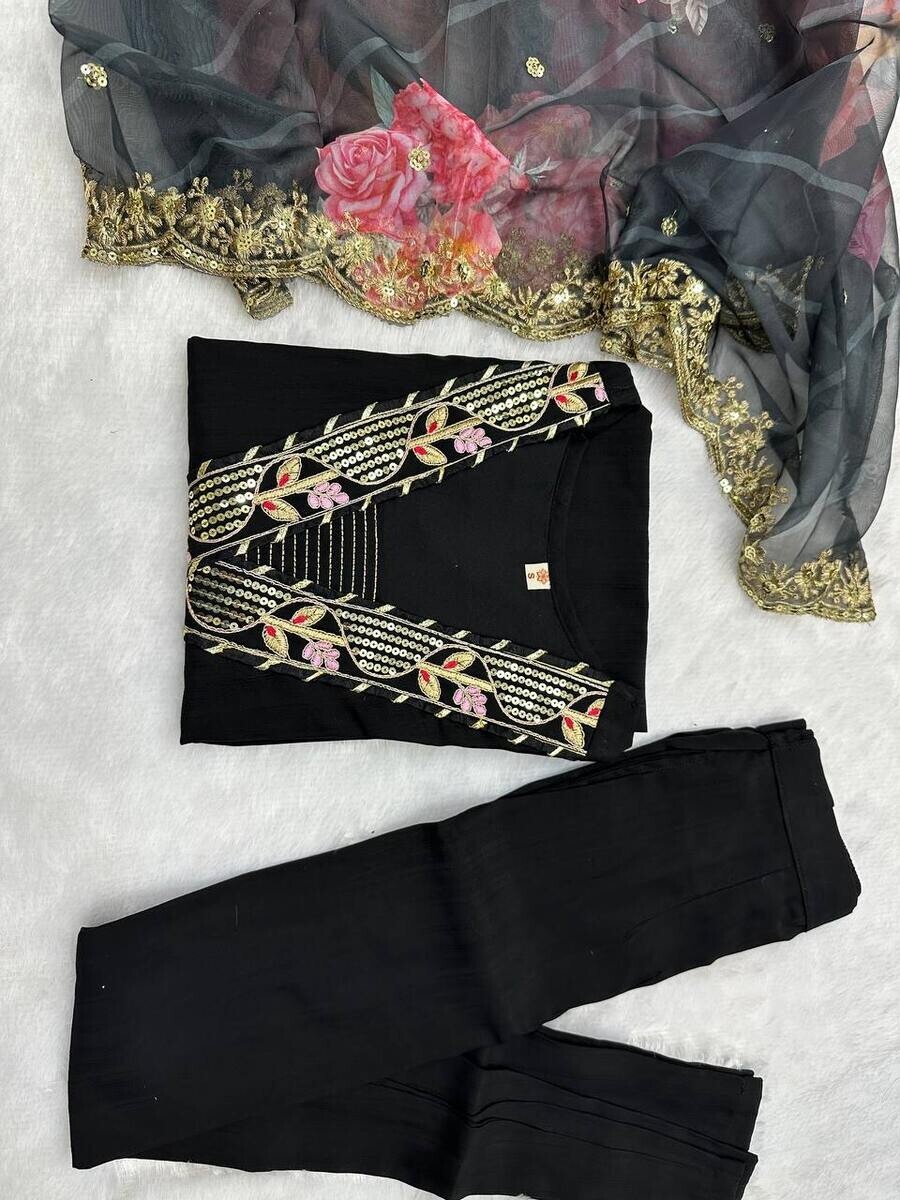 INDIAN CHANDERI SILK EMBROIDERY WORK TOP BOTTOM WITH PRINTED DUPATTA BLACK L