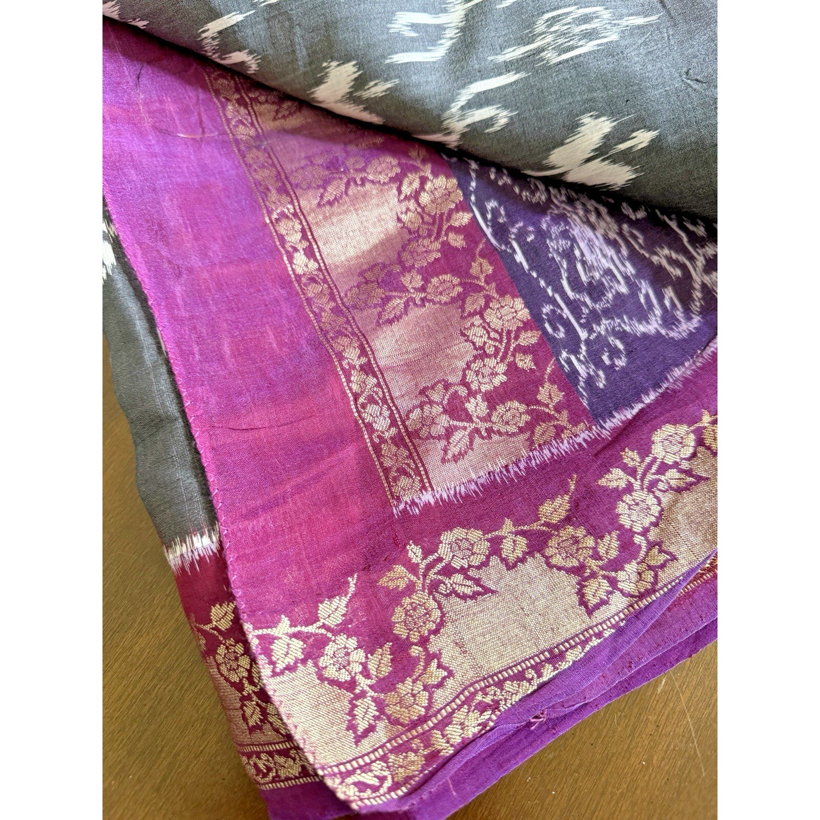 Indian WOMENS PRE-OWNED VINTAGE Gray/PURPLE TUSSAR SILK SAREE SARI FABRIC/CRAFTS
