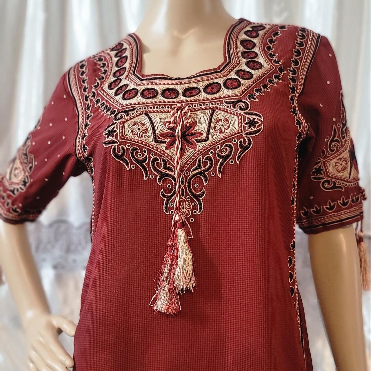 Kurta Dress Handmade Intricate Beaded Embroidered Red Black Tan Tassels SMALL