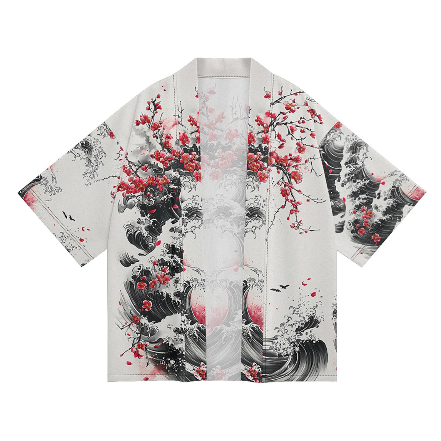 Niepce Men’s Japanese Graphic Lightweight Blossom Waves Kimono Cardigan Shirt