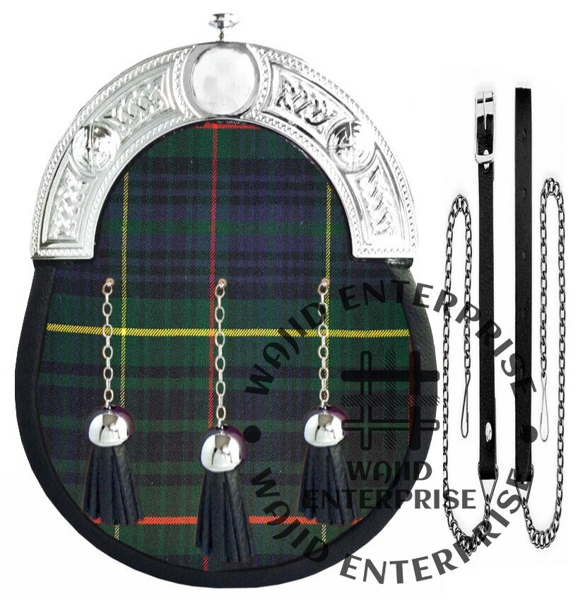 Hunting Stewart Tartan Kilt Sporran – Full Dress Sporran with Chain & Strap