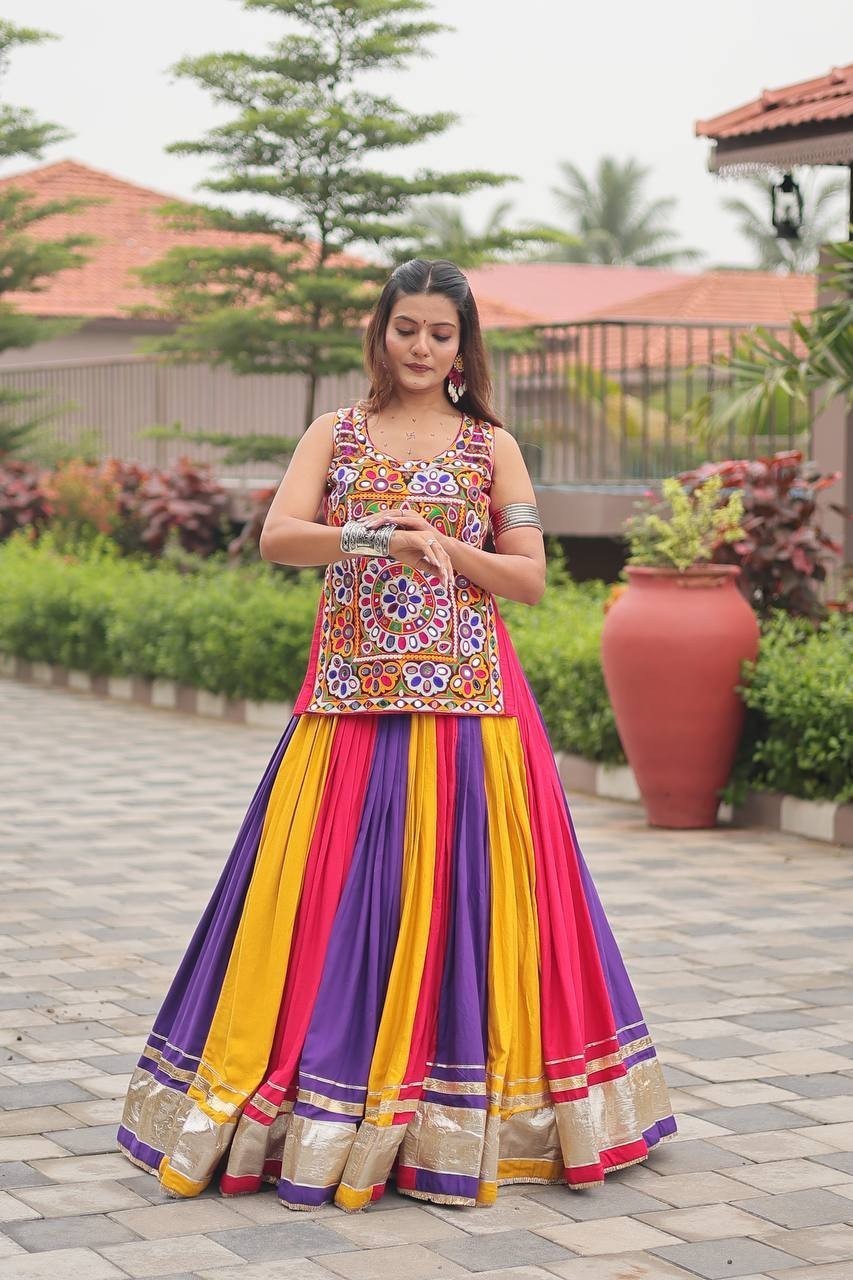 Indian Multicolor Pure Cotton Lehenga Choli Set Women Kutchi Embroidery Navratri