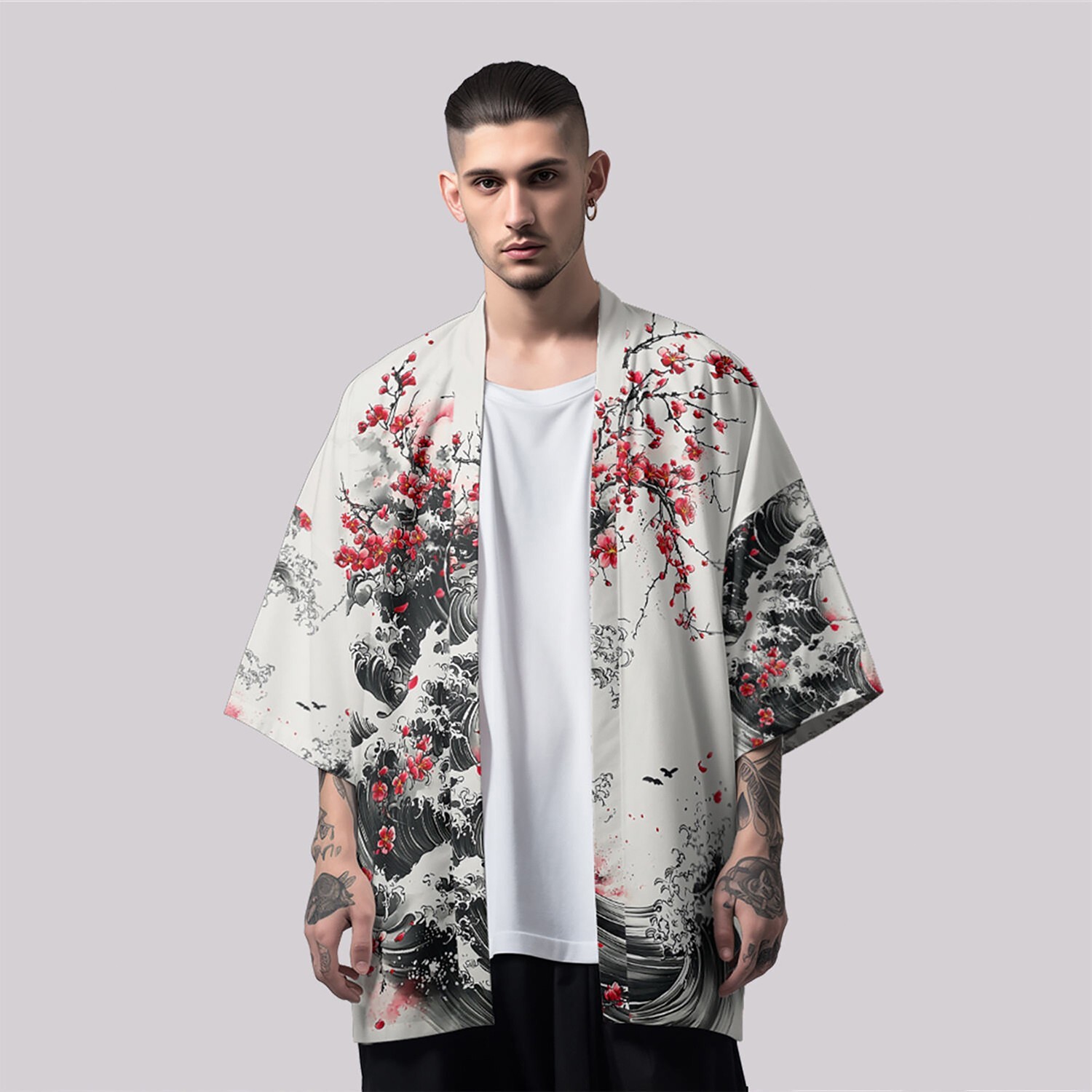 Niepce Men’s Japanese Graphic Lightweight Blossom Waves Kimono Cardigan Shirt