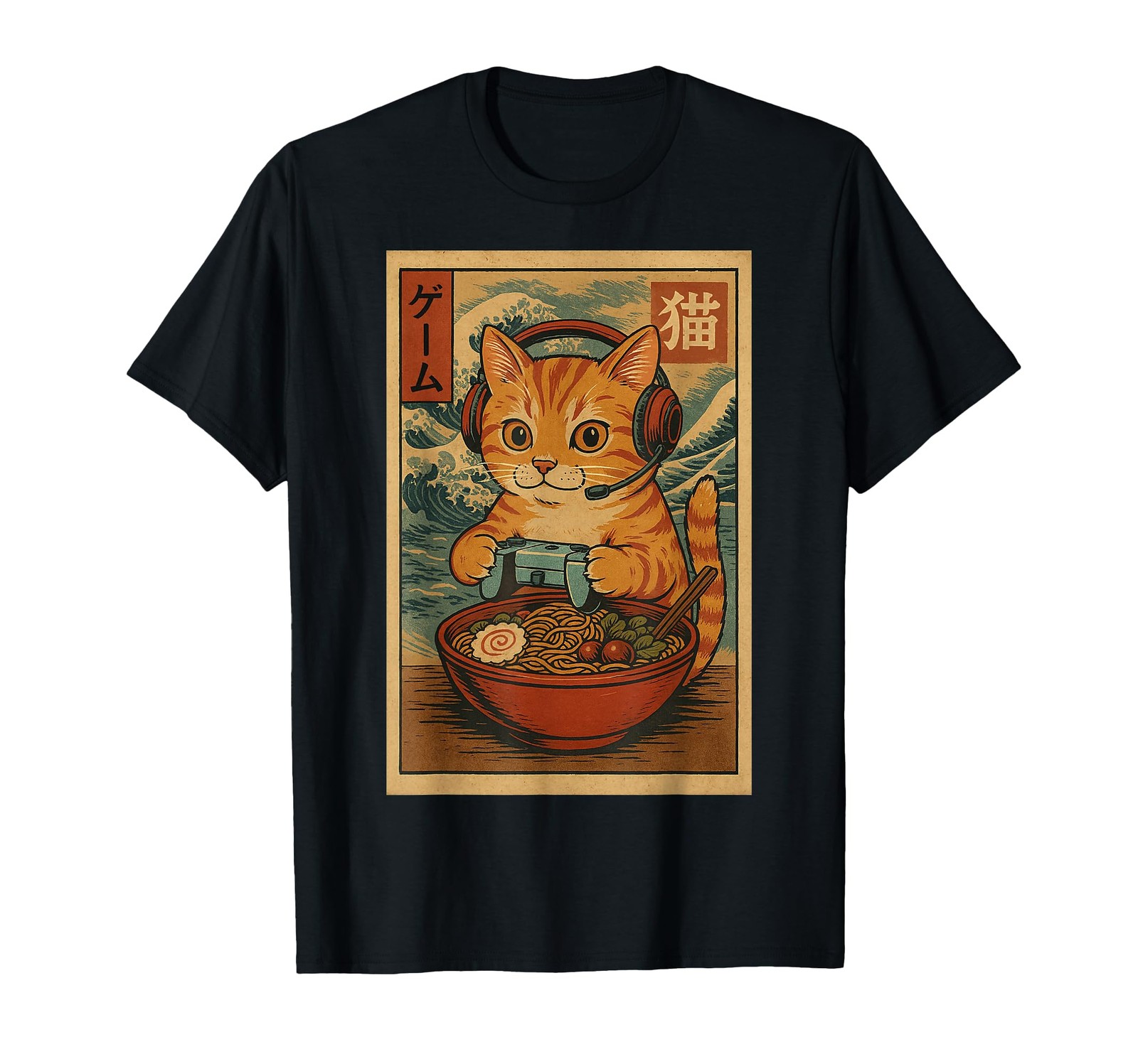 Kawaii Anime Gamer Cat Ramen Retro Japanese Gaming Funny T-Shirt Small, Black