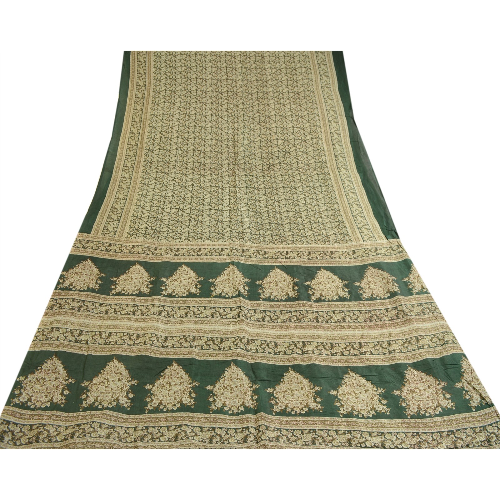 Sanskriti Vintage Sarees Indian Green Pure Silk Floral Print Sari Craft Fabric