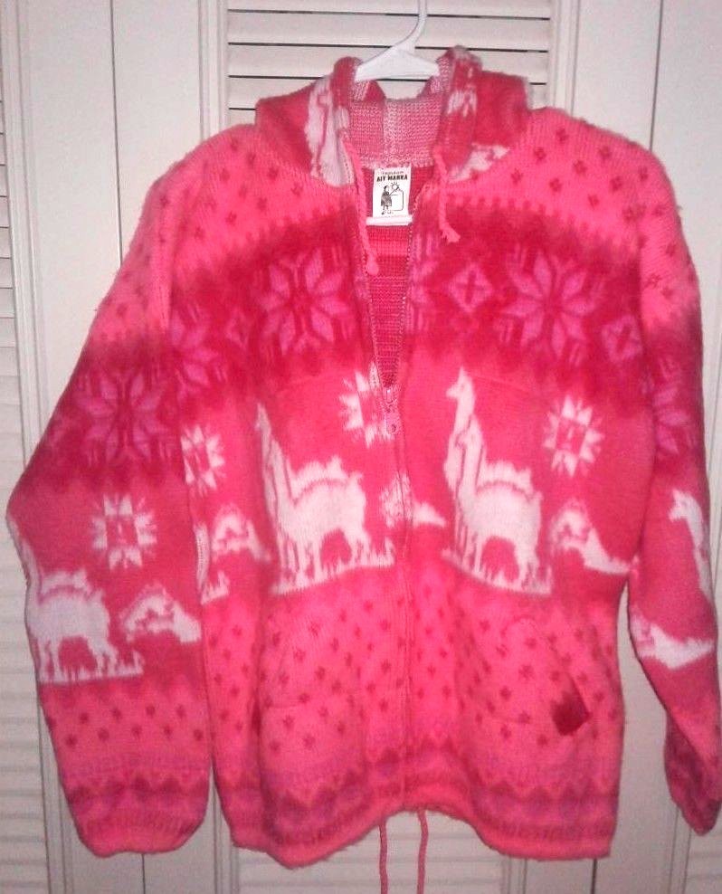 NEW SMALL PEACH AND WHITE ALPACA FULL ZIPPER SWEATER INCA DESIGNS. HOODIE