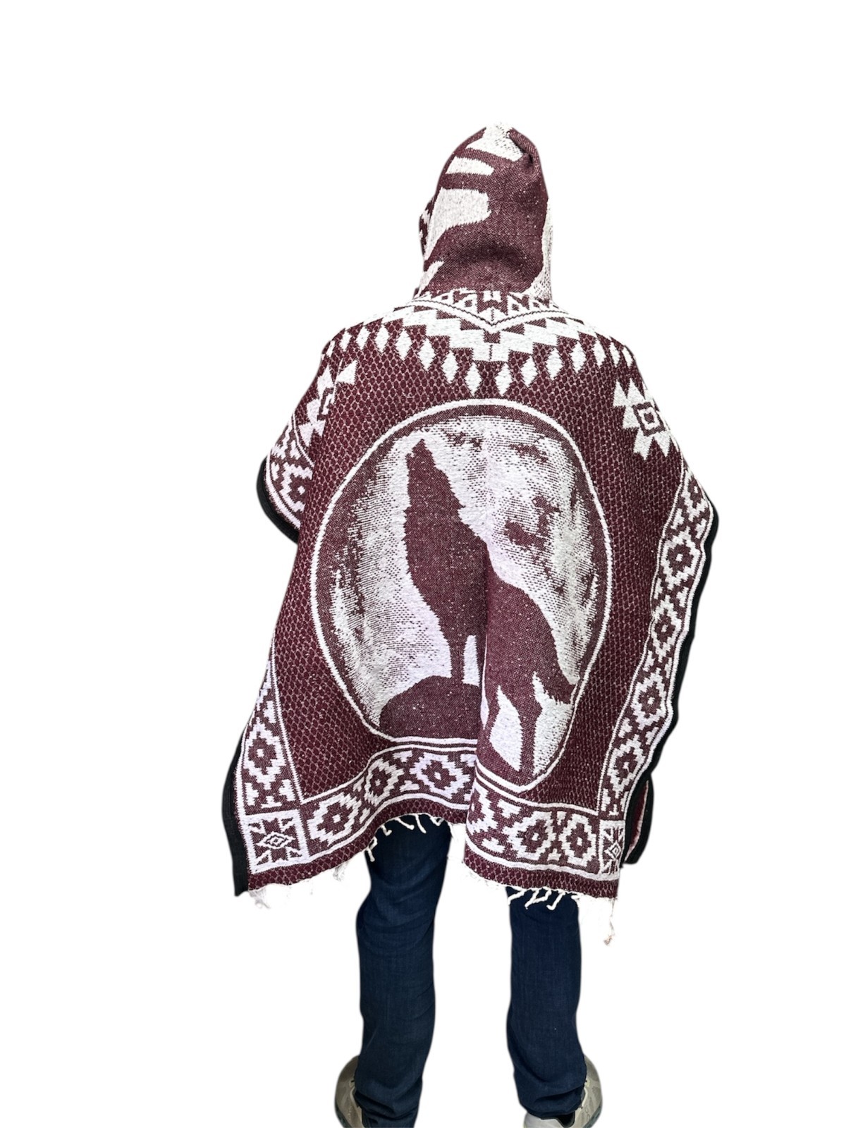 2XL MEXICAN PONCHO WITH HOOD , HOWLING WOLF BLANKET , ONE SIZE , BURGUNDY